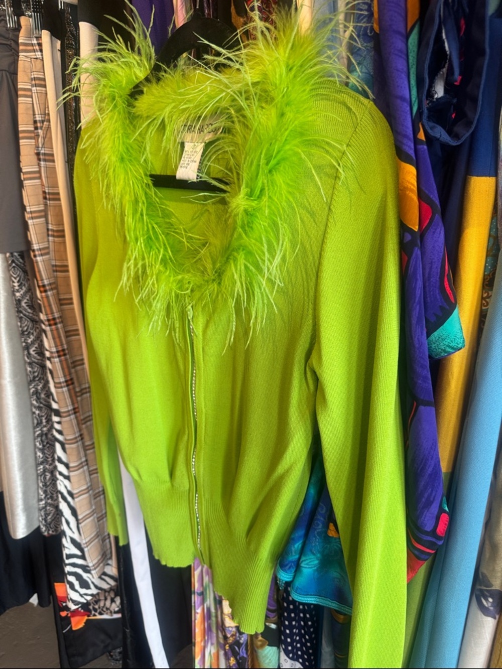 Y2K Lime Green Feather Trim Zip Cardigan - Picture 3 of 6
